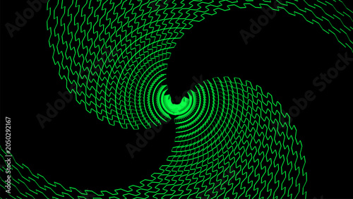 Abstract green spiral vector background, neon geometric swirl pattern on black, hypnotic digital wave texture for tech and music visuals