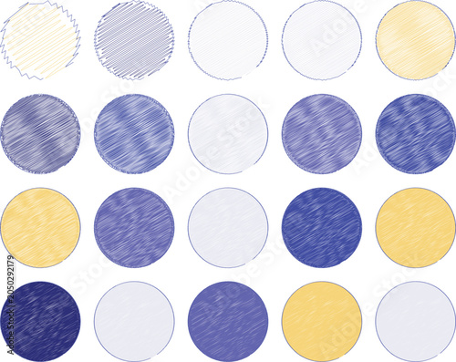 Hand drawn scribble circle set, 20 blue and yellow sketch round frames, textured pencil stroke circular elements for bullet journal and planners