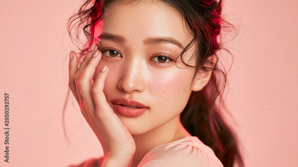 Fototapeta premium Close-up Portrait of Young Asian Woman with Natural Makeup on Pink Background
