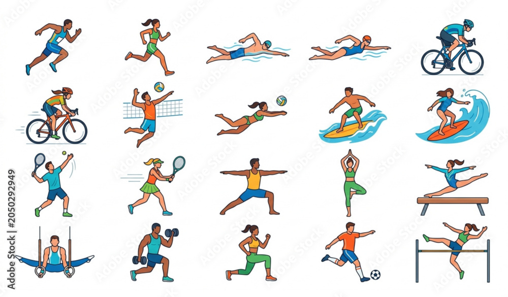 Fototapeta premium Summer Sports People Activity Vector Icon Set with Men and Women Exercising Collection