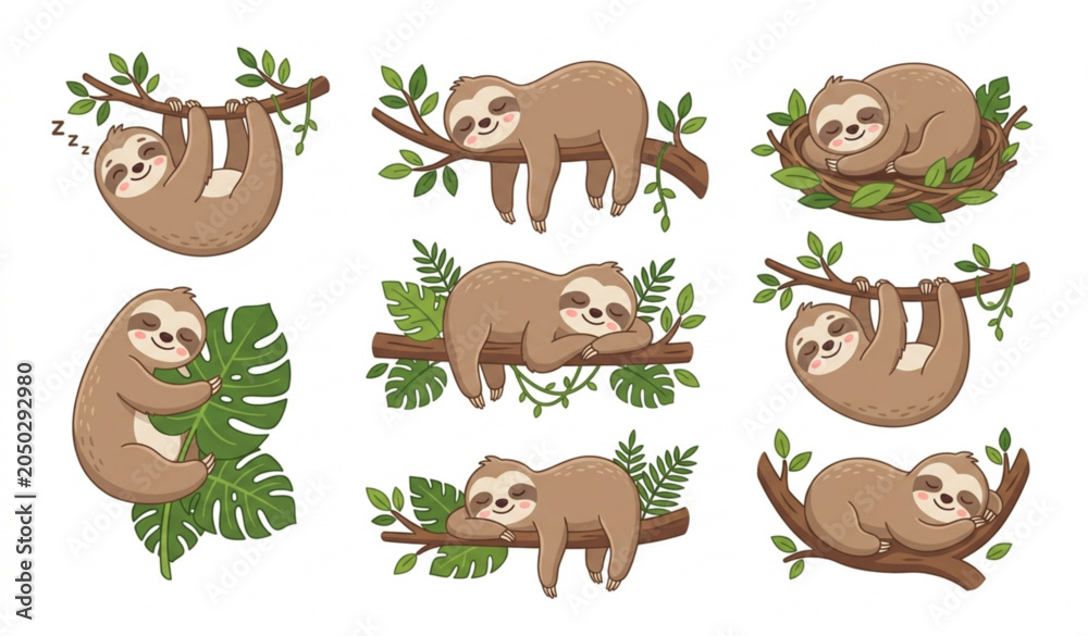 Obraz premium Adorable Sleeping Sloth Character Collection with Lazy Jungle Cartoon Vector Set