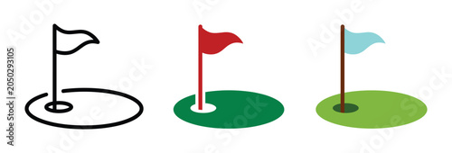 Cuadro en lienzo Golf Hole Icons: A trio of golf hole illustrations showcasing a flag, flagstick, and a putting green in distinct styles, from minimalist outline to vibrant color