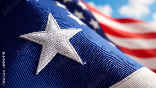High-resolution close-up detail of the american flag highlighting the intricate textures of the embroidered white stars on a blue field, perfect for patriotic and nationalistic stock photography