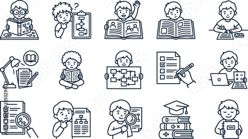 Foto Set of doodle style icons depicting students engaged in various academic activities
