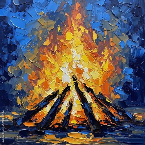 Vibrant Campfire Flames in Dark Forest Night.