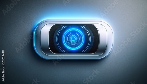 modern smart thermostat device mounted on wall with glowing blue circular light