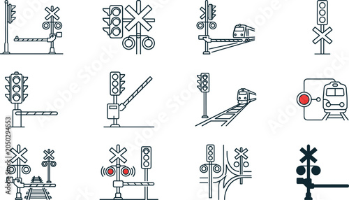 Obraz na plátně Set of railroad crossing signals and train warning signs icons.