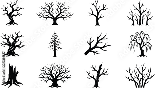 Canvastavla Set of silhouettes of dead trees and leafless branches for seasonal designs