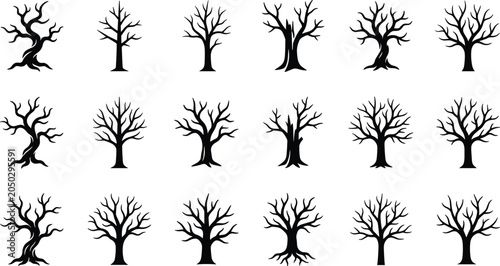 Quadro su tela Set of eighteen black silhouettes of leafless dead trees on white background