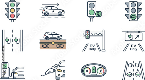Photos Set of colorful line art icons representing electric vehicle infrastructure and traffic regulations