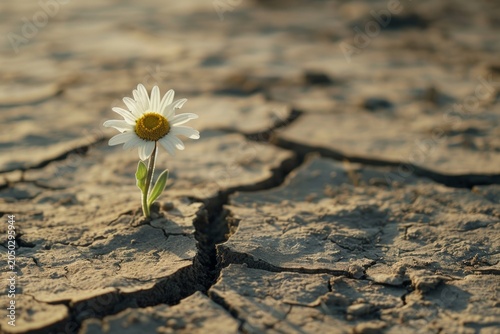 A lone white flower grows out of the parched, cracked soil, symbolizing hope and resilience