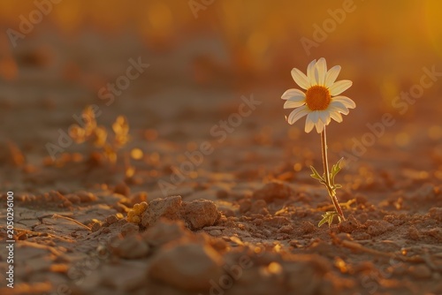 A bright white flower grows alone among the sand dunes, in the warm rays of the setting sun