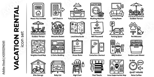 Vacation Rental Airbnb Style Bold Line Icons-Lockbox Self Check-In Kitchen Washing Machine Welcome Basket WiFi Password Pet Friendly-25 Rental Icon Set Vector