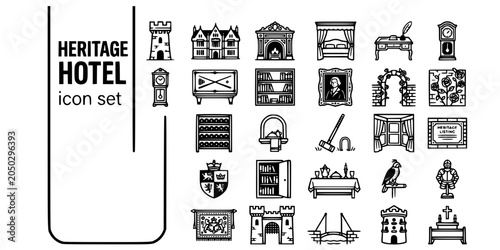 Historical Heritage Hotel Bold Line Icons-Castle Tower Manor Fireplace Four-Poster Antique Desk Grandfather Clock Billiards Wine Cellar-25 Heritage Hotel Icon Set Vector