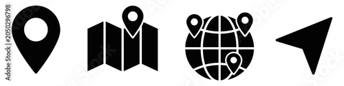 Set of black location and navigation icons including map pin, folded map with pin, globe with location markers, and navigation arrow on transparent background