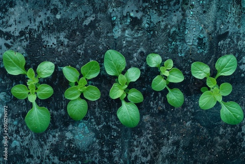 Top view of a row of small green plants sprouting in rich, dark soil, symbolizing growth and agriculture