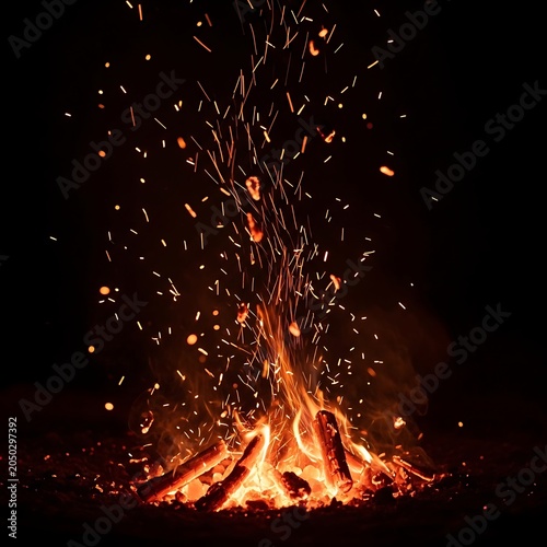 Vibrant Fireworks Exploding Over Campfire Night Scene.