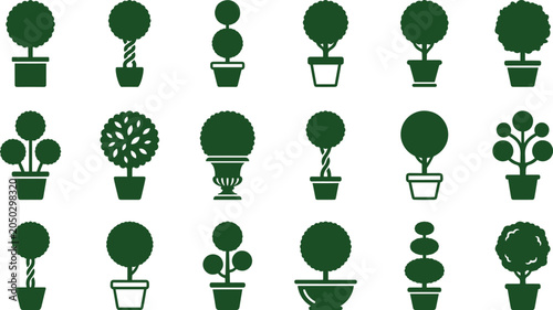 Fotografía Set of potted topiary tree silhouettes for garden decoration.