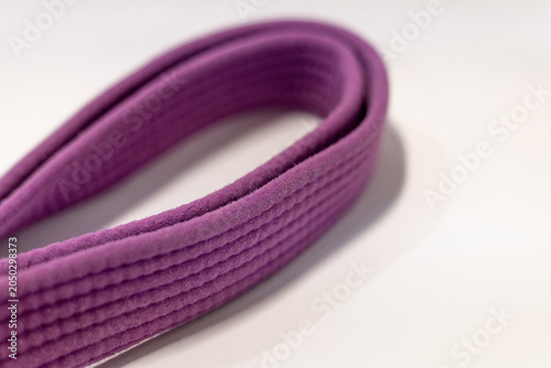 Close-up of a purple martial arts belt used in Brazilian Jiu-Jitsu and Karate, showing the detailed stitching and fabric texture against a clean white background for sports and ranking concepts