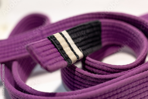 Close-up of a purple martial arts belt used in Brazilian Jiu-Jitsu and Karate, showing the detailed stitching and fabric texture against a clean white background for sports and ranking concepts