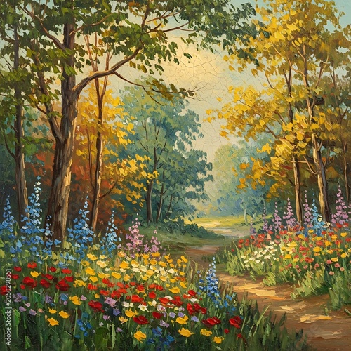 Vibrant Forest Pathway Adorned With Wildflowers In Sunlight.