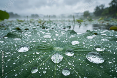 Macro Water Droplets on Lotus Leaf Surface with Rainy Lake Background