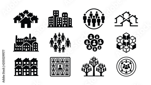 Set of community and society themed black silhouette icons.