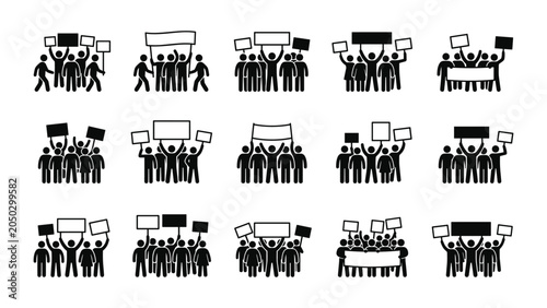 Fotografie Set of stick figure icons depicting groups of protesters holding signs and banners