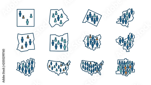 Set of sketch style map icons representing population density and demographic statistics.