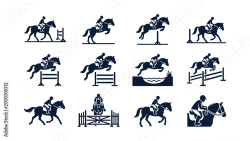 Fotografie Set of equestrian show jumping icons featuring horse and rider in various athletic poses