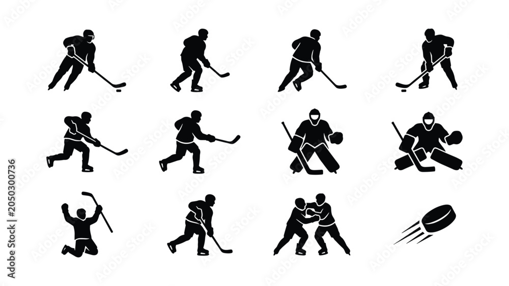 Fototapeta premium Set of ice hockey player silhouettes in various game actions.