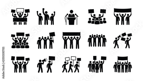 Fotografie Set of Protest and Demonstration Silhouette Icons.