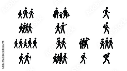 Collection of Stick Figure People Walking Icons Set.