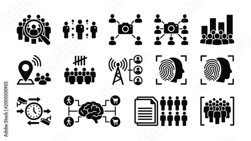 Set of modern analytics and people data monitoring icons.