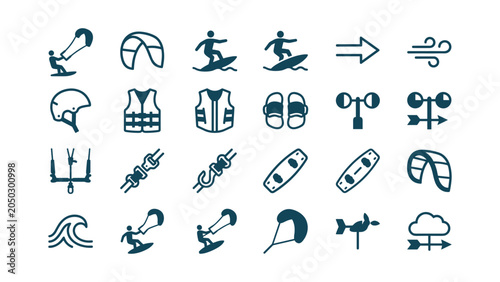 Foto Set of kiteboarding and kitesurfing sport activity icons.