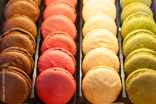 Assorted French macarons in different flavors and colors displayed in rows. Gourmet dessert, pastry shop showcase and sweet confectionery concept.