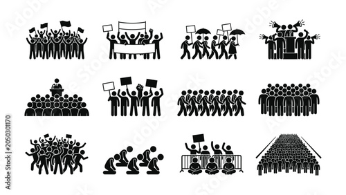 Fotografie Set of protest and crowd icons showing social activism and public demonstrations