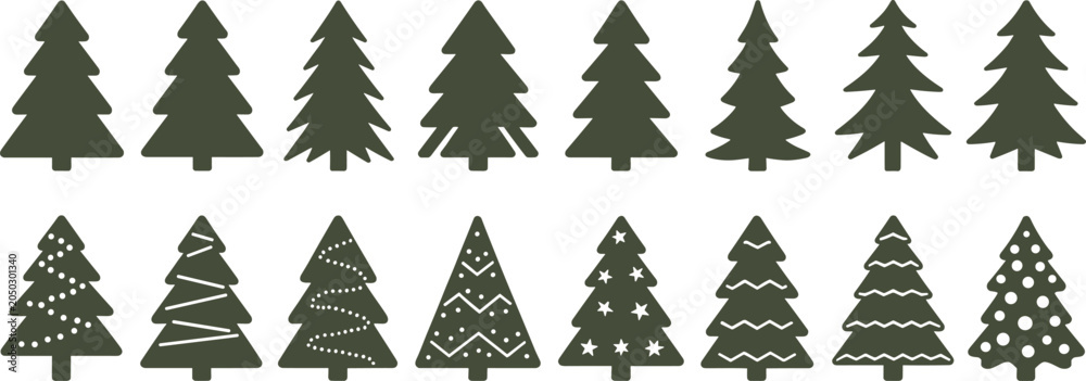 Obraz premium Collection of dark green Christmas tree silhouettes with decorations