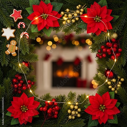 Vibrant Holiday Wreath With Festive Fireplace Decorations.