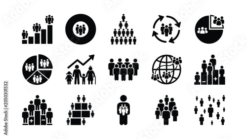 Set of human population and business management icons.
