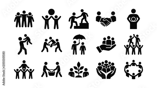 Collection of black and white social responsibility and teamwork icons.