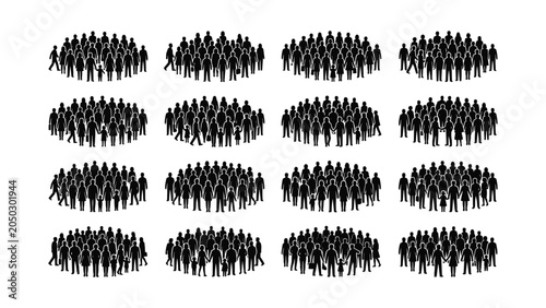 Set of large crowd silhouettes in isolated groups.