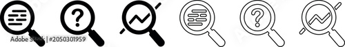 Magnifying glass icons with text, question mark, and analytics symbols in black and outline styles