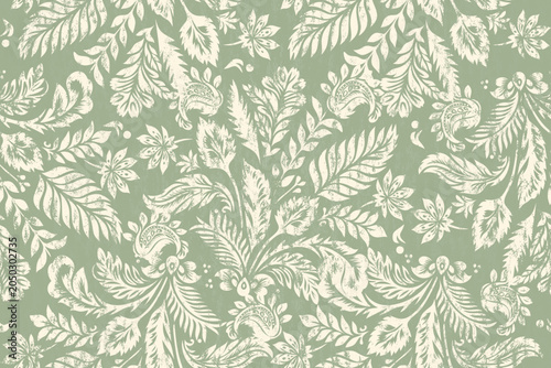 Seamless Floral Damask Pattern, Vintage Botanical Block Print in Green and White, Antique Style Ornate Print for Home Decor, Floral Damask Seamless Background, Traditional Nature-Inspired Fabric Print