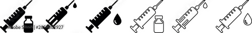 Syringe and vaccine vial icon set in solid and outline styles
