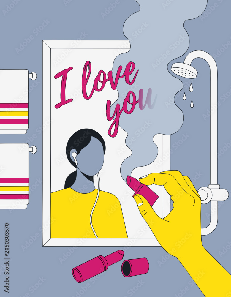 Obraz premium Hand writing love message on bathroom mirror with pink lipstick
