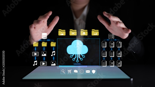 Foto Hands Above Tablet Displaying Cloud Technology and Loading Animation with Digital File Icons and Data Transfer Visuals Fluxor
