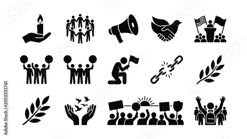 Tablou pe pânză Set of human rights and activism vector icons in black and white.