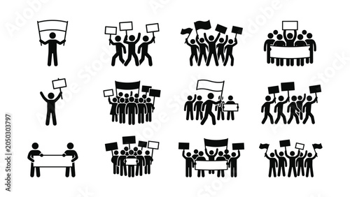 Fényképezés Set of stick figure icons showing people protesting and holding banners