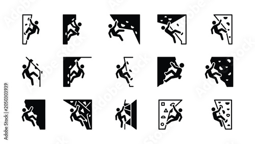 Set of fifteen black silhouette icons depicting indoor and outdoor rock climbing activities.